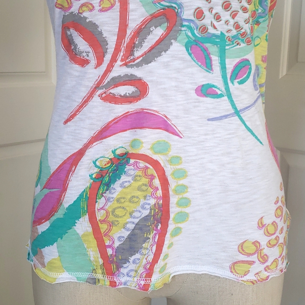 Fresh Produce Colorful Abstract Cotton Scoop‑Neck Top White Yellow Aqua • SMALL - Picture 12 of 14
